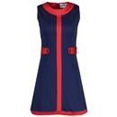 Madcap England A Go Go 60s Mod Side Tab Airline Dress in Navy MC454