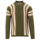 Madcap England Acid Test 60s Mod Knitted Stripe Spear Collar Polo Shirt in Cypress Green