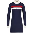Madcap England Alice 60s Mod Chest Stripe Funnel Neck Knitted Dress in Navy