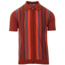 Madcap England Capitol Men's 1960s Mod Multi Stripe Knitted Zip Through Polo Top in Picante