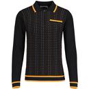 Madcap England Coltrane 60s Mod Jacquard Dash Knit Long Sleeve Polo Shirt in Black MC1039