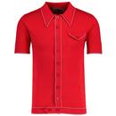 Madcap England Crawdaddy Short Sleeve Micro Dash Big Collar Button Through Polo Shirt in red MC166