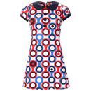 Madcap England Dollierocker Psych-Out! Circles 60s Mod Peter Pan Collar Dress in Blue/Red/White