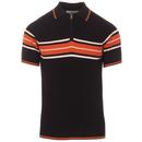 Madcap England Fireball Men's 1960s Mod Ribbed Stripe Zip Neck Polo Shirt in Black