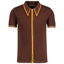 Madcap England Mack 60s Mod Zip Through Textured Knit Tipped Polo Shirt in Brown