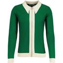 Madcap England Riva 60s Mod Spear Collar Knitted Ring Zip Polo Cardigan in Green Jacket