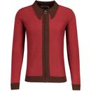Madcap England Riva 60s Mod Big Collar Knitted Ring Zip Polo Cardigan in Russet Red