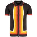 Madcap England Screaming Jay 2 Retro Stripe Knitted Button Through Polo Shirt in Espresso MC288B