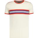 Madcap England Cassette Men's Retro Chest Stripe Taped Sleeve T-shirt in White Asparagus
