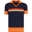 madcap england mens northern soul stripe skipper neck polo top navy orange