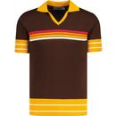 madcap england mens northern soul stripe skipper neck polo top potting soil brown yellow