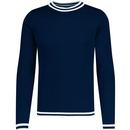 Madcap England Retro 70s 60s Moon Long Sleeve Tipped Jumper in Navy Blazer with White tipping