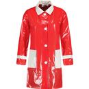 Madcap England Robin Women's 1960s Mod Plastic Raincoat in Red with White Pockets