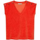 Mademoiselle Ye Ye Wave Rider V-Neck Tank Tee with Button Shoulder Detail in Red flat shot