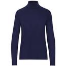 Mademoiselle Yeye Come Closer Women's Retro 70s Ribbed Turtleneck top in Navy Blue