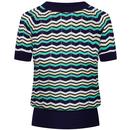 Mademoiselle Yeye Retro 60s Pointelle Knit Top Up and Down Chevron in True Blue