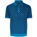 Merc Ambrose Retro Mod Ska Checkerboard Knitted Polo in Petrol Blue