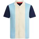 Merc Banning 1960s Mod Colour Block Panel Knitted Polo Shirt in Blue
