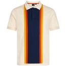 Merc Derrick 1960s Mod Stripe Panel Knitted Polo Shirt in Vanilla