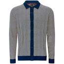 Merc Ezra Retro Diamond Fine Stripe Cardigan in Dark Blue 