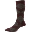 Pantherella Abdale Made in England Retro Argyle Socks in Maroon/Mid Grey