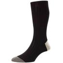 Pantherella Portobello Retro Ribbed Socks with Contrast Trims in Black/Silver/Mid Grey