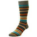 Pantherella Quakers Men's Retro Striped Made In England Merono Socks in Mid Grey