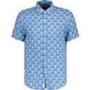 original penguin mens delave retro 70s geo Hawaiian print short sleeve linen shirt tourmaline blue