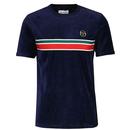 Sergio Tacchini Ayme Retro 80s Velour Stripe T-shirt in Maritime Blue