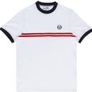 Sergio Tacchini Supermac 3 Retro 70s Cut and Sew Chest Stripe Tennis Tee in White/navy/red