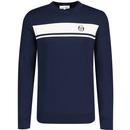 sergio tacchini mens masters chest stripe retro crew neck long sleeve knitted top maritime blue