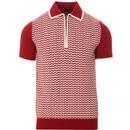 Ska & Soul 60s Mod Diamond Jacquard Panel Knitted Zip Neck Polo Shirt in Blood