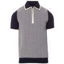 Ska & Soul 60s Mod Diamond Jacquard Panel Knitted Zip Neck Polo Shirt in Navy