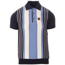 Trojan Records Men's Retro 60s Mod Textured stripe Panel Knitted Polo Top in Navy