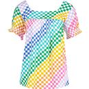 sugarhill brighton womens rainbow checkerboard pattern square neck puff sleeve top multicolour