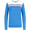 sugarhill brighton womens rita retro rainbow split stripe crew neck jumper blue