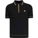 trojan records clothing mens basket weave panel tipped 1/4 zip mod polo tshirt black