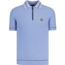 trojan records clothing mens basket weave panel tipped 1/4 zip mod polo tshirt sky blue