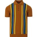 TROJAN RECORDS 60s Mod Multi Stripe Knit Polo Top in Tan