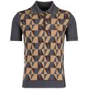 Trojan Geometric Jacquard Panel Zip Neck Knitted Polo Shirt in Charcoal TR8908