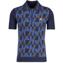 Trojan Men's Mod Geometric Jacquard Panel Zip Neck Knitted Polo Shirt in Navy TR8908