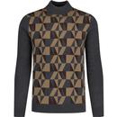 trojan records clothing mens retro geometric panel fitted turtleneck jumper charcoal brown