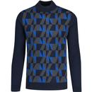 trojan records clothing mens retro geometric panel fitted turtleneck jumper navy blue