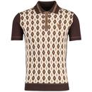 Trojan Geo Jacquard Hexagon Knitted Zip Neck Polo Shirt in Chocolate TR8963