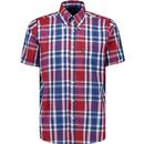 trojan records clothing mens multi check mod button down short sleeve shirt cobalt blue red