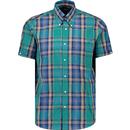 trojan records clothing mens multi check mod button down short sleeve shirt jade green blue