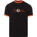 trojan records mens outline logo contrast neck tshirt black orange