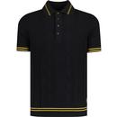 trojan records clothing mens retro pointelle knit mod tipped polo tshirt black