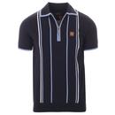 Trojan Records Retro 60s Mod Fine Stripe Zip Neck Knitted Polo Shirt in Navy