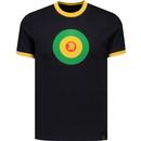 trojan recrods clothing mens mod target logo retro 70s ringer neck tshirt black yellow